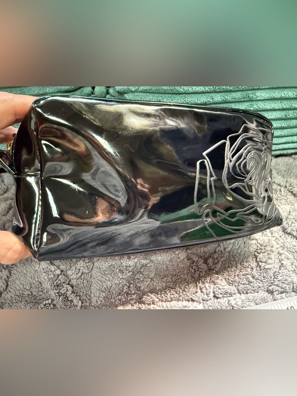 Glossy Black Patent Cosmetic bag with Floral Accent-Lancôme
